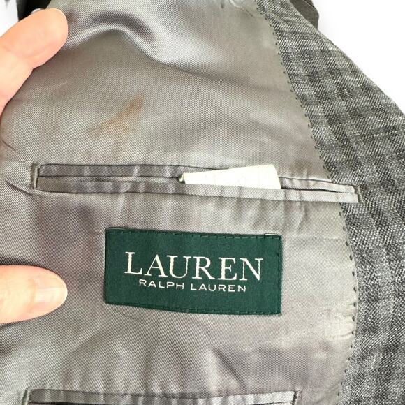 Lauren Ralph Lauren Wool Silk Blend Gray Plaid Two Button Blazer Men's Size 46L - Picture 12 of 13